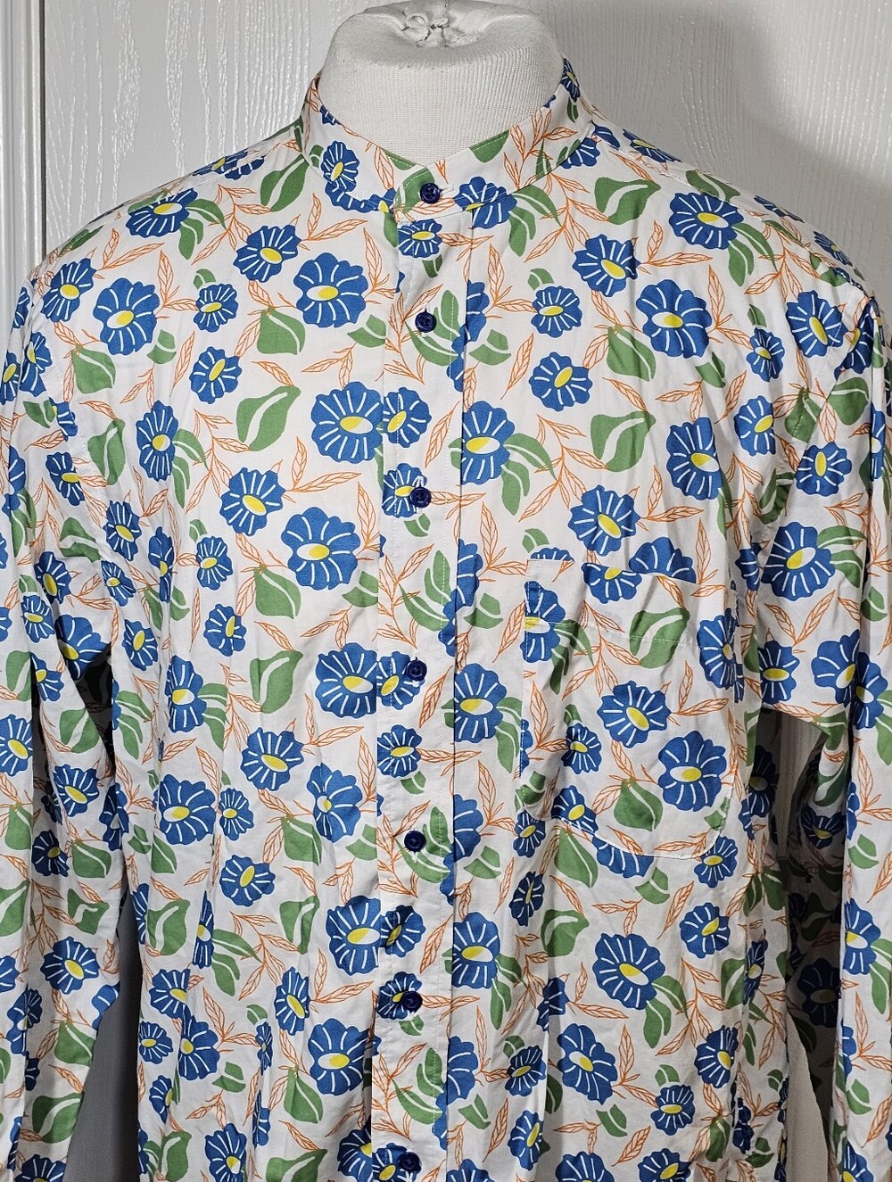 Paul Fredrick Floral-print Button-down Mandarin/Band Collar Size L
